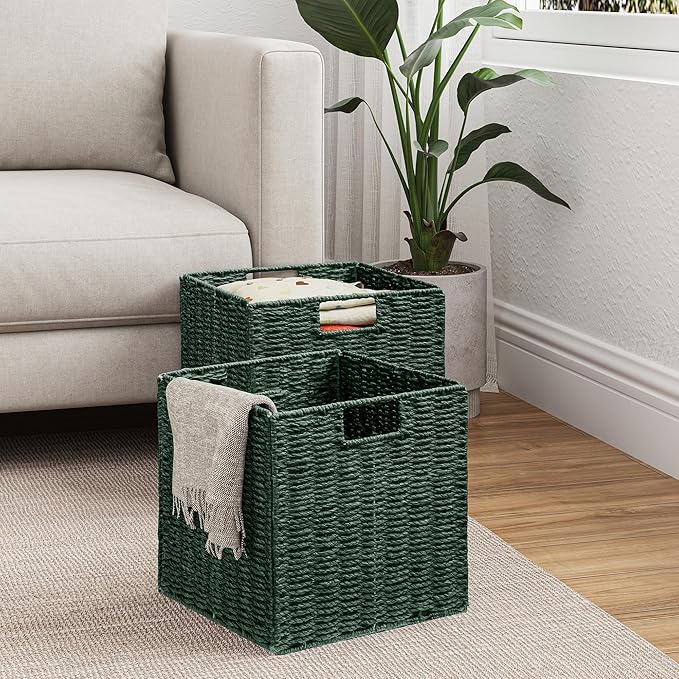 Wicker Storage Basket, Set of 2 Hand-Woven Paper Rope Wicker Basket, Foldable Cube Storage Bins, Square Large Storage Baskets for Organizing Shelves & Decor, Orange (13″×13″×13″) - Image 3