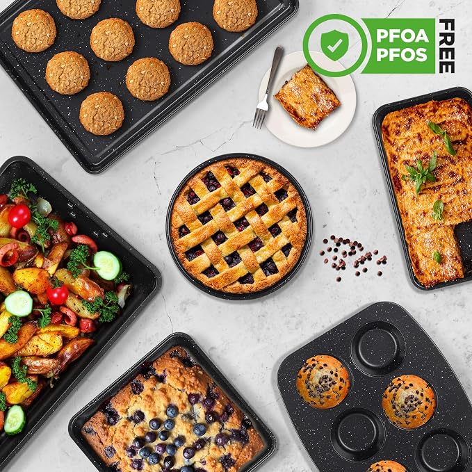 NutriChef 8-Piece Stackable Bakeware Set - Carbon Steel Non-Stick Baking Pan Set, Sheet, Muffin, Round, Loaf, Square Cake & Deep Pans, 450°F Heat Resistant, Standard & Convection Ovens (Black Marble) - Image 4