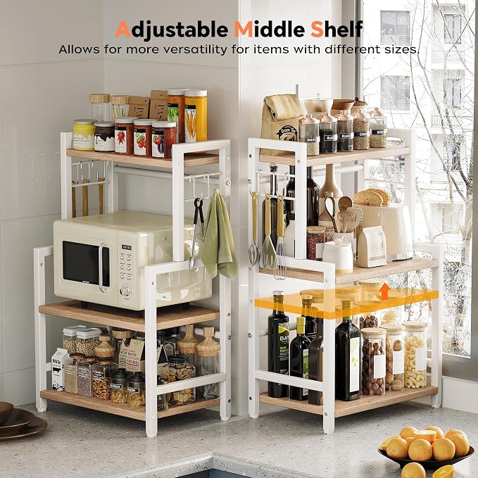 Kitchen Countertop Organizer, 3 Tier Large Spice Rack Organizer with Adjustable Shelf and 5 Hooks, Wooden Counter Organizer, Countertop Shelf Microwave Stand for Kitchen Coffee Bar, Light Coffee - Image 2