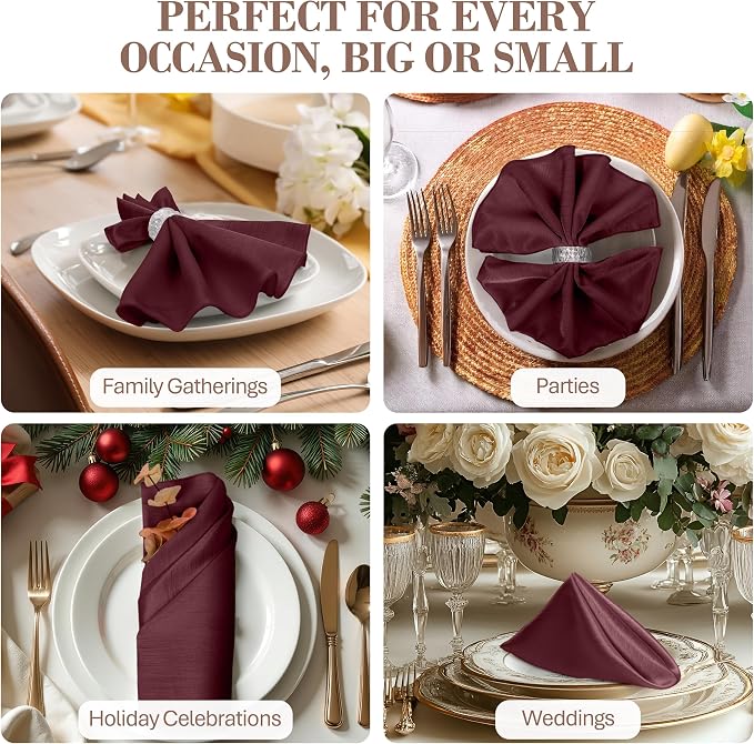 17x17-Inch Shantung Cloth Napkins, Burgundy, Set of 12 | Bulk Case of 1 Dozen, Satin, Square, 100% Polyester Fabric, Reversible, Faux Dupioni Silk Reverse Side, Machine Washable, Red - Image 4