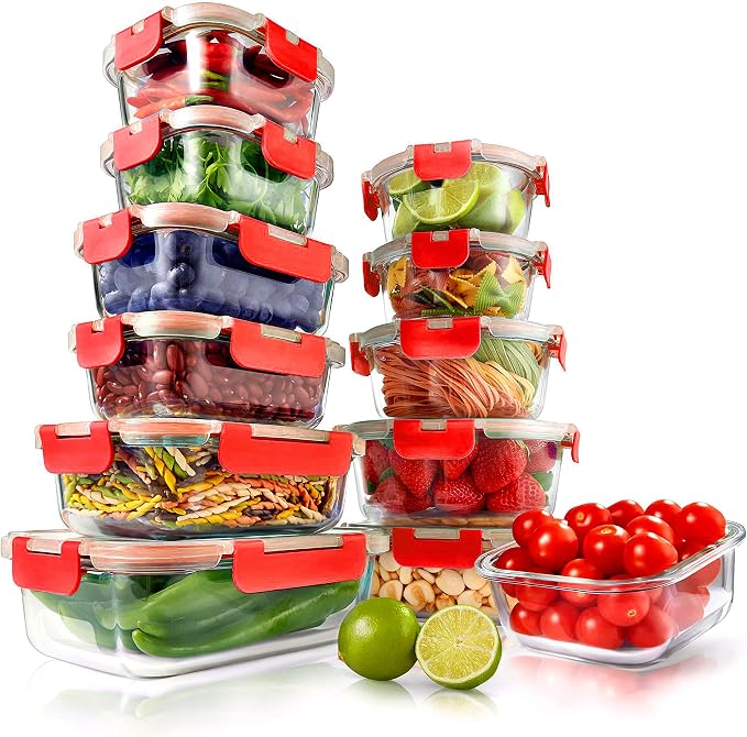 NutriChef 24-Piece Glass Food Storage Containers with Lids - 12 Stackable Heavy Duty Meal Prep Containers w/ 12 Airtight Lids - Microwave, Freezer, & Dishwasher Safe for Food, Snacks, & Fruit-(Red) by NutriChef%E2%84%A2Kitchen