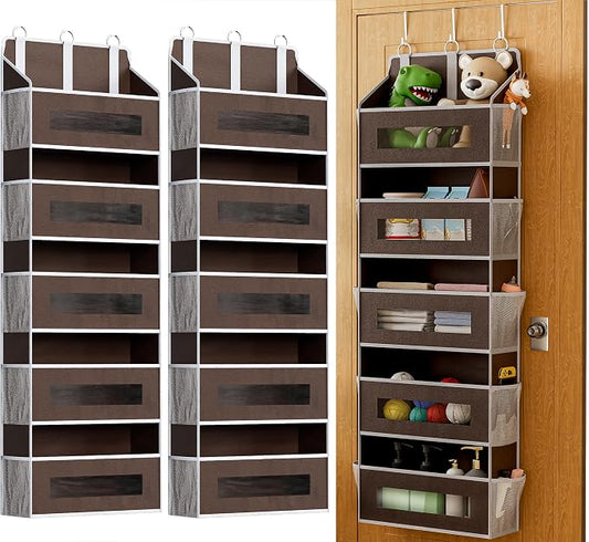 2 Pack 5 Tier Over The Door Organizer - Large Capacity Behind Door Hanging Shelves with 10 Mesh Pockets and Clear Windows, Closet Organizers and Storage for Bathroom, Bedroom, Nursery, Brown by Unknown
