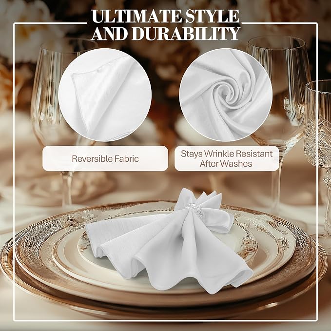 17 x 17-Inch Shantung Satin Cloth Napkins, White Set of 24 | Bulk Case of 2 Dozen, Square, 100% Polyester Fabric, Reversible, Faux Dupioni Silk Reverse Side, Machine Washable - Image 3