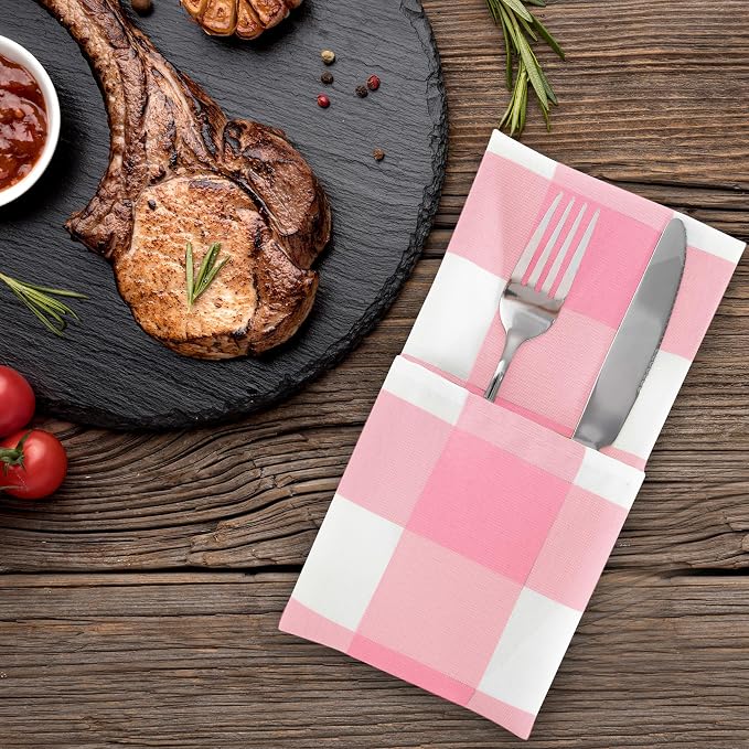 Buffalo Plaid Table Napkins Set of 25 Checkered Cloth Napkins 17x17 inch Washable Dinner Gingham Pattern Napkins Soft Napkins for Wedding Party Dining Banquet(Pink and White) - Image 6