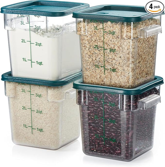 4 Pack Food Storage Container with Green Lid - NSF Commercial Grade in 4.0 Qt - Square, Clear, Polycarbonate by CURTA