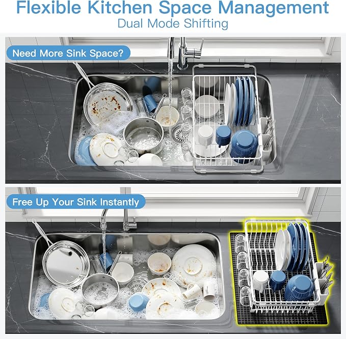 JASIWAY White Dish Drying Rack in Sink with Mat, Cups and Utensil Holder | Use Over the Sink or Counter, Stainless Steel Expandable Dish Drainer for Small Kitchen, Space Saving, Fast Drain, Rustproof - Image 4