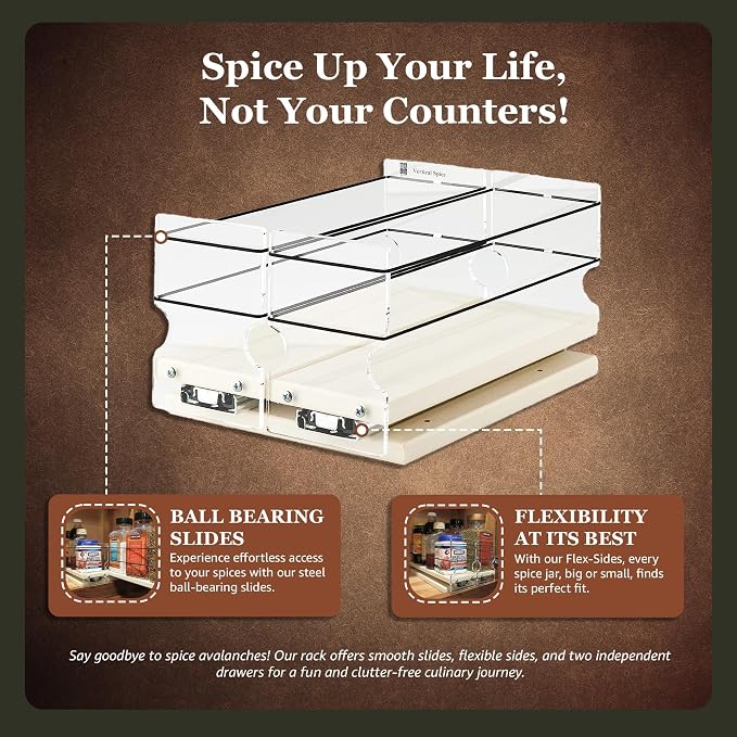 Large Pullout Sliding Spice Rack Organizer - 2 Individual 1 Tier Drawers - Premium Rolling Seasoning Holder/Caddy for Hidden Pantry Storage - Made in USA (6.9''W x 5.0" H x 10.6''D) - Image 2
