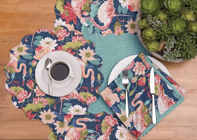 C&F Home Flamingo Lagoon Pink & Blue Tropical Botanical Reversible Hatched Machine Washable Dinner Cloth Napkin Set of 6 20" x 20" Blue - Image 4