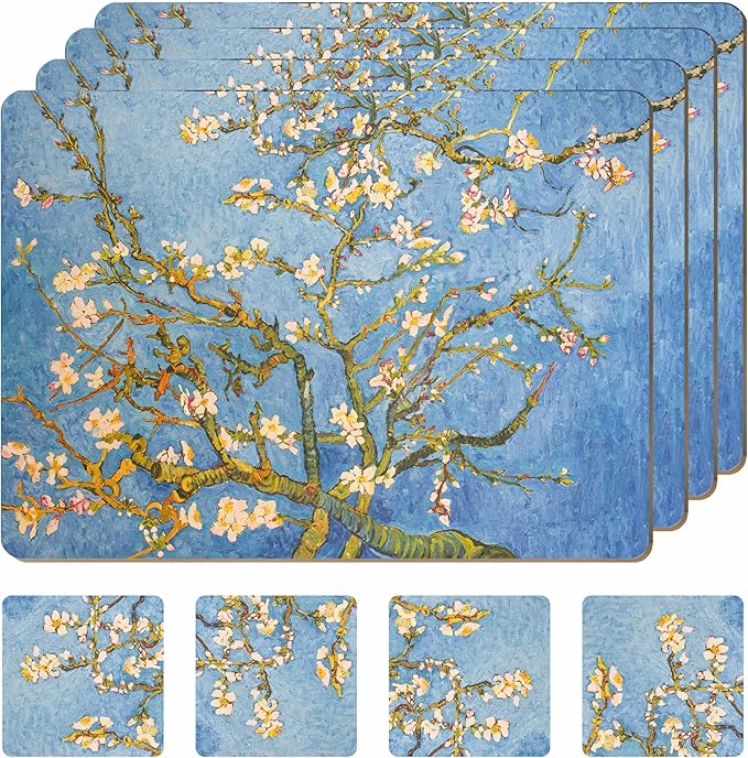 Set of 4 Heat Resistant Cork Placemats for Dining Table with Free Set of 4 Matching Drink Coasters Van Gough Blue Botanical Design 16 x 12 Inches Cork Backed Hard Placemats (Almond Blossoms) by Moderry