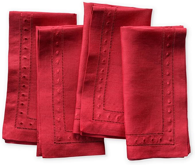 Linen Napkins Set of 4-100% Pure Linen Red Embroidered Dinner Napkins - Hemstitch Cloth Napkins Washable for Halloween, Christmas and Winter Decor by OlucioAuthentiqueHome