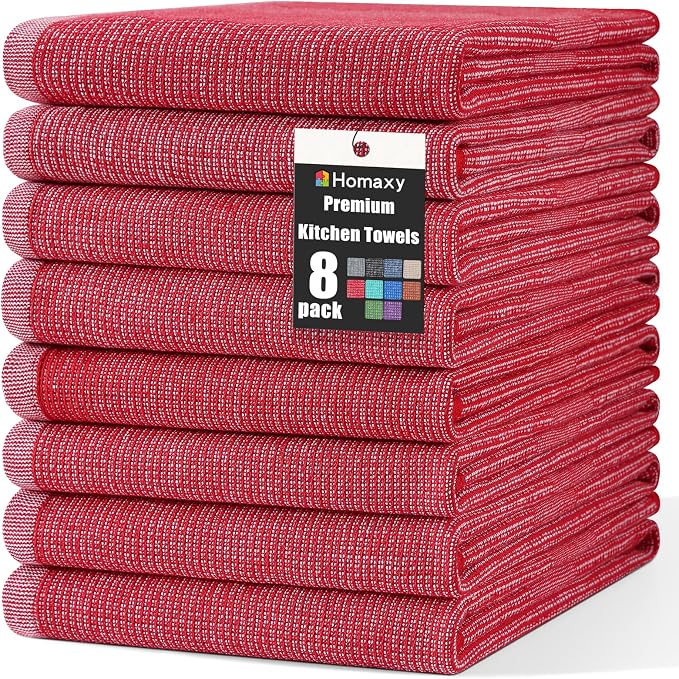 Homaxy 380 GSM Cotton Premium Kitchen Towels 8 Pack, 18"x 28", Red | Flat and Terry Dish Towels, Highly Absorbent Tea Towel Set with Hanging Loop, Soft Utility Kitchen Hand Towels by Homaxy