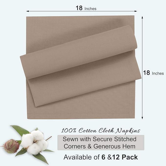 Ruvanti Cloth Napkins Set of 12, 18x18 Inches, 100% Cotton, Washable, Soft & Absorbent, Perfect for Wedding, Christmas, ‎Thanksgiving Dinners - Light Taupe - Image 8