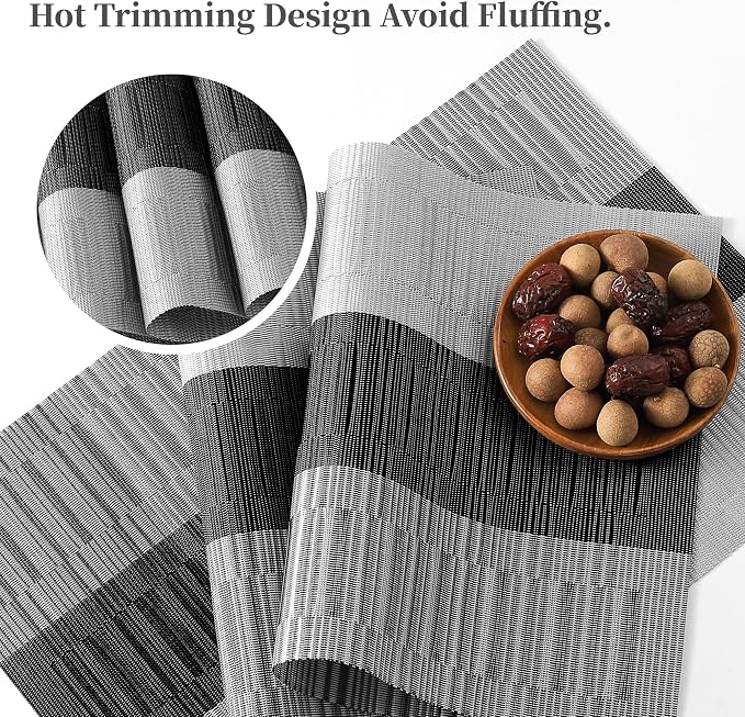 Leetaltree Grey with White Striped Placemats Set of 6 - Heat Resistant Non-Slip Place mats for Dining Table, Washable Durable PVC Vinyl Woven Table Mats（Grey Stripe, 6） - Image 3