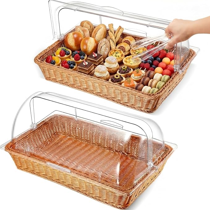 2 Set Wicker Bread Baskets for Serving with Clear Acrylic Roll Top Lid Woven Rattan Bread Basket Large for Fruit Food Picnic Summer Pool Party Outdoor BBQ(21.06 x 12.6 Inch,1 Compartment) by Ziliny