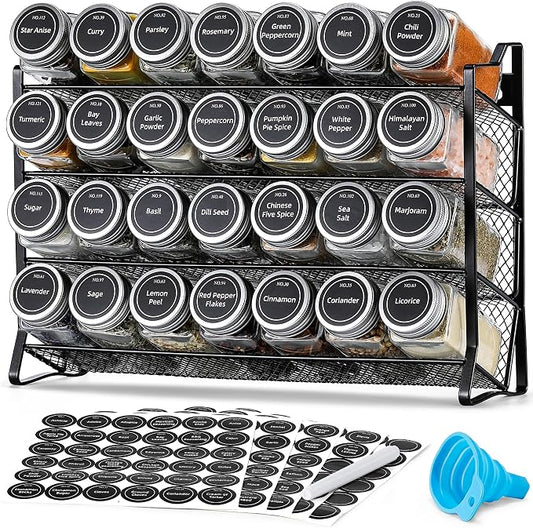 AOZITA Spice Rack Organizer with 28 Empty Spice Jars with Silver Lids, Funnel, Labels - Seasoning Organizer for Countertop, Cabinet, Kitchen, Pantry by AOZITA