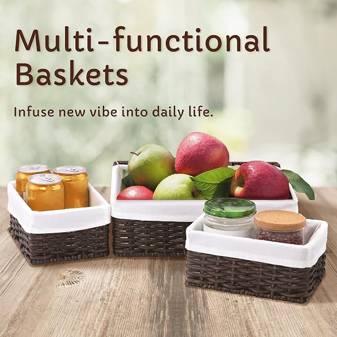 WeeNest Baskets for Organizing, Undershelf Wicker Storage, Hand Woven Organizer for Closet Organization, Rectangular Resin with Lid, Set of 3, Walnut Brown - Image 3