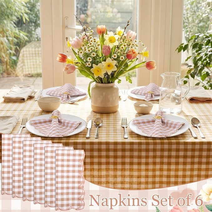 SmoothNovelty 6 Pack Buffalo Plaid Cloth Napkins 18x18 Inch Checkered Cloth Napkins Scalloped Soft Cotton Table Mat Washable Reusable for Dinner Wedding Holiday Birthday Parties (Classic,Khaki) - Image 7