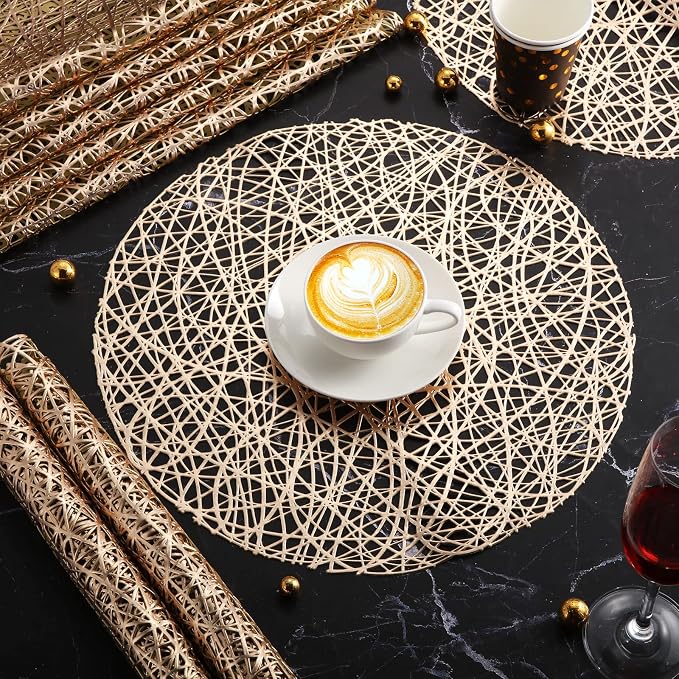 Sieral 12 Packs Gold Round Placemats 15 Inch Hollow Out Pressed Vinyl Place Mats Heat Resistant Woven Gold Placemats for Christmas Dinner Table Winter Holiday Party Wedding Centerpiece Decoration - Image 3
