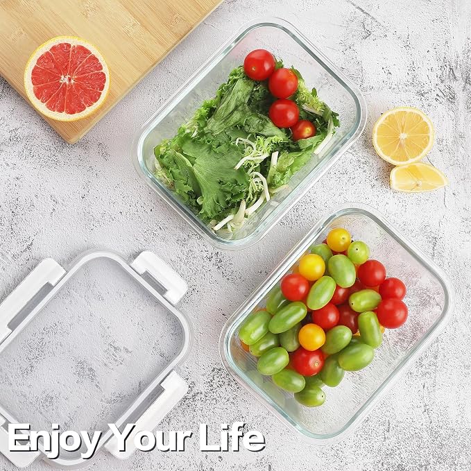 HOMBERKING 10-Pack Glass Meal Prep Containers, 36 oz/14 oz, Locking Lid Set | Borosilicate Glass Food Storage Containers Set, Airtight Lunch Bento Boxes, BPA-Free, Dishwasher Freezer, Oven Safe-White - Image 6