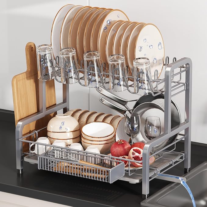 2 Tier Large Stainless Steel Dish Drying Rack for Kitchen Counter | Big Dish Drainer with Drainboard, Cup & Utensil Holder, Space Saving Rustproof Countertop Metal Plate Dryer Rack, Fast Drain by Boosiny