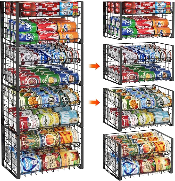 JKsmart 2-Tier Stackable Rack Organizer for Pantry, Adjustable Dispenser Holds Up to 120 Cans, Storage Holder for Various Ounces of Canned Drinks, Black, 4 Pack by JKsmart