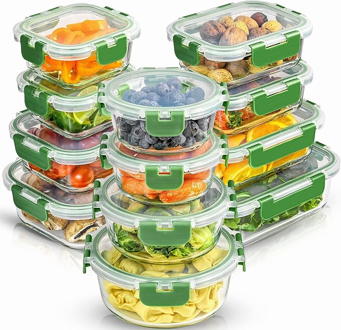 JoyJolt 24pc Borosilicate Glass Storage Containers with Lids | 12 Airtight/Freezer Safe Food Storage Containers for Pantry and Kitchen | Meal Prep Container for Lunch | Glass Tupperware Set by JoyJolt