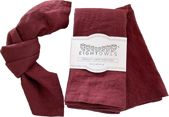 Linen Napkins –100% French Flax – Stonewashed Pure Linen Cloth Napkins - Size 18 Inch x 18 Inch – Set of 4 (Plum Burgundy) by EightOwls
