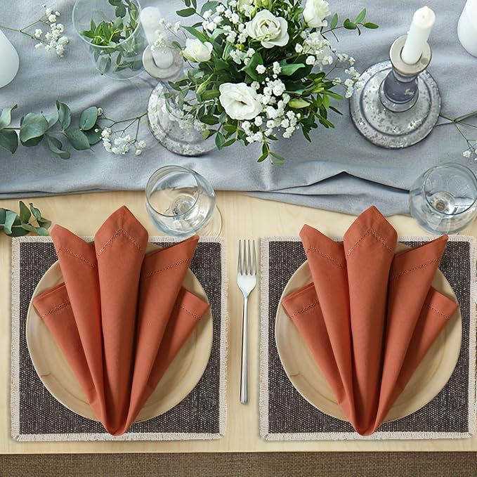 Ramanta Home Rust Cloth Dinner Napkin Set of 12-18x18 Inch | Cotton Linen Flax Hemstitched Napkins Washable for Everyday Use - Image 3