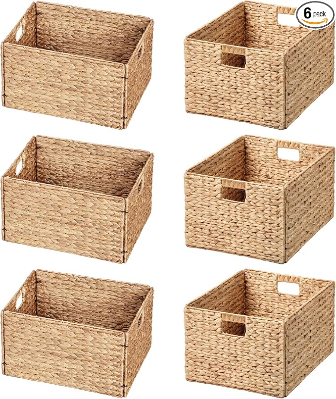 Extra Large Water Hyacinth Wicker Storage Baskets, Set of 6 | Rectangular, 16.1"x12.6"x9.5", Iron Wire Frame, Natural by eHemco