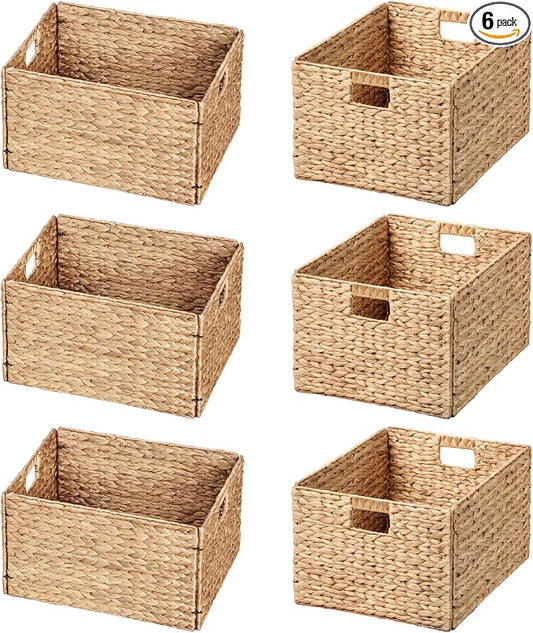 Extra Large Water Hyacinth Wicker Storage Baskets, Set of 6 | Rectangular, 16.1"x12.6"x9.5", Iron Wire Frame, Natural by eHemco