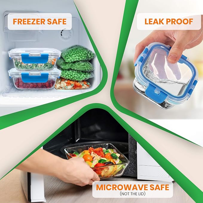 24-Piece Glass Food Storage Containers - Stackable Superior Glass Meal-prep Containers w/Newly Innovated Hinged BPA-Free 100% Leakproof Locking Lids - Freezer-to-Oven-Safe - NutriChef NCGLBU.5 (Blue) - Image 3