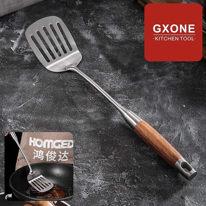 Slotted Turner/Spatula,for Skillet Grilling Cooking,Wooden Handle | 304 Stainless Steel Kitchen Utensil,Metal Spatula,Flipping Food,15.7 Inch - Image 5