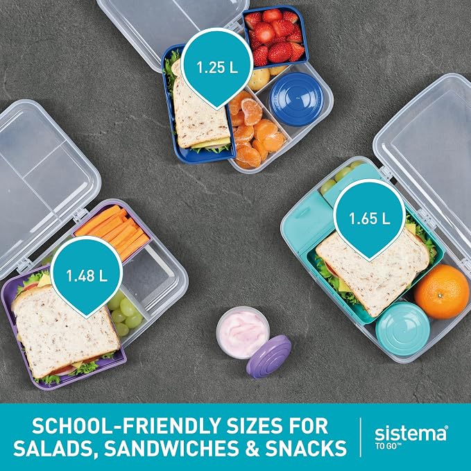Sistema To Go 1.48L (2-Pack) Bento Box Food Storage Containers, School Lunch Boxes with Removable Dividers & Snack Pot, Two 1.48L Containers, Freezer, Microwave, & Dishwasher-Safe, BPA-Free - Image 4
