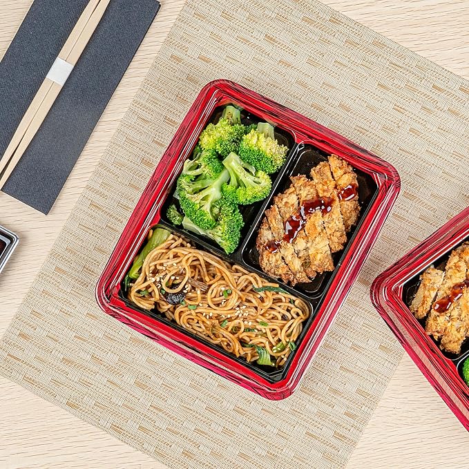 Restaurantware-Bento Tek 16.1 Ounce Meal Prep Containers, 100 Disposable To Go Food Boxes - Lids Sold Separately, 3 Compartments, Red And Black Plastic Bento Lunch Boxes, Freezable, For Take Out - Image 4