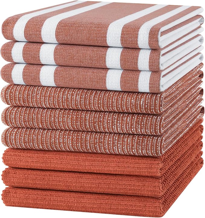 Homaxy Cotton 380 GSM Premium Kitchen Towels, 18"x 28", 9 Pack, Rust | Soft and Absorbent Terry Dish Towels, Multipurpose Tea Towel Set with Hanging Loop, 3 Styles Kitchen Hand Towels by Homaxy