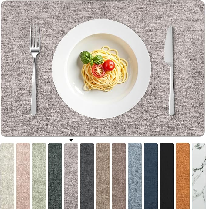 FROMHEART Faux Leather PU Placemats Set of 6 (Light Grey,11.8" x 17") | Waterproof,Heat/Oil Stain-Resistant Table Mat–Reversible,Non-Slip,Easy to Clean Place Mats for Kitchen,Dining,Indoor/Outdoor by Unknown