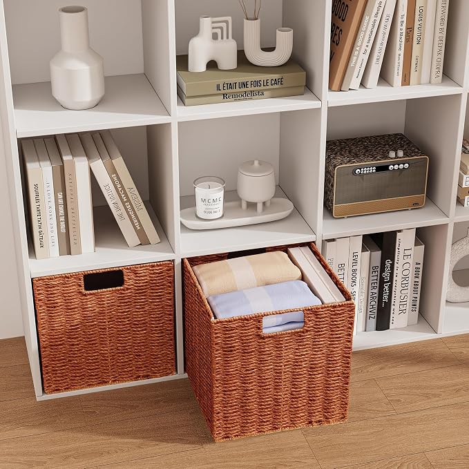 Wicker Storage Basket, Set of 2 Hand-Woven Paper Rope Wicker Basket, Foldable Cube Storage Bins, 9 inch Square Storage Baskets for Organizing Shelves & Decor, Orange (9″×9″×9″) - Image 9