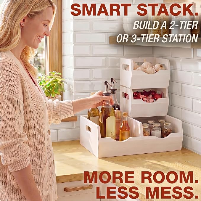 HOMESTEAD Stackable Solid Wood Storage Bins for Kitchen Pantry & Countertop, Ventilated Potato and Onion Basket Organizer with Handles, Wooden Produce Storage Containers, 3-Pack, White - Image 8