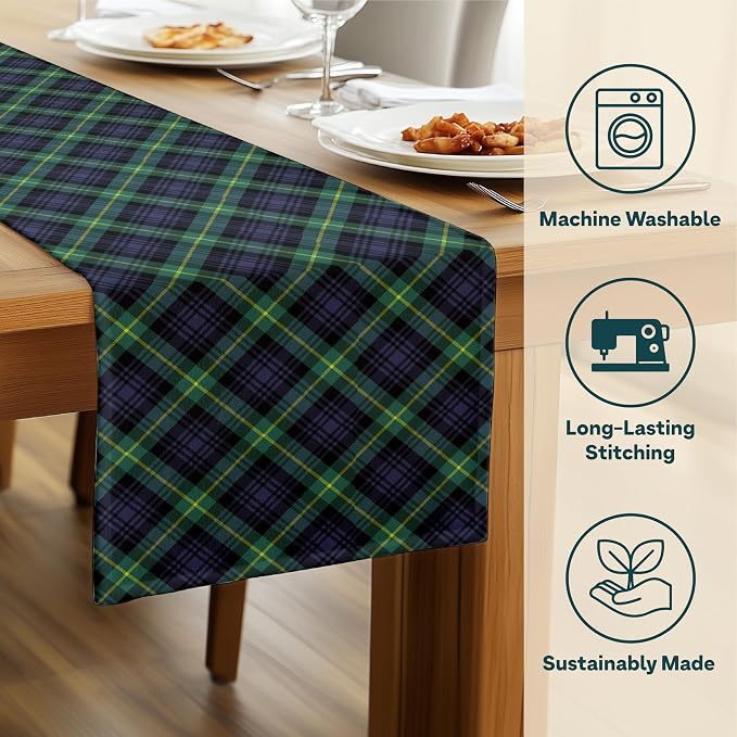 Fabric Textile Products | Blue & Green Tartan Tablerunner | Plaid Table Decor | 14" x 108" | Machine Washable and Stain-Resistant for Easy Care | Made in The USA - Image 2