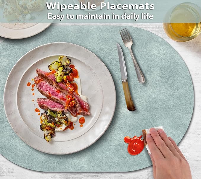 ADRIMER Placemats, Heat Resistant Oval Placemats Set of 12 Washable 12 x 17 Inch, Waterproof Table Mats, Wipeable Pu Place Mats for Kitchen, Dining Room, Light Blue - Image 3