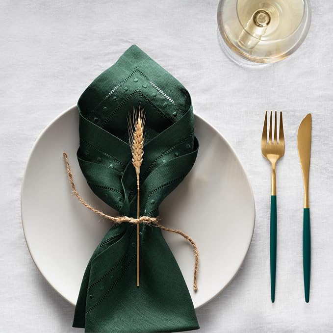 Linen Napkins Set of 4-100% Pure Linen Forest Green Embroidered Dinner Napkins 18 x 18 inch - Classic Hemstitch Cloth Napkins Washable for Winter and Christmas Decor - Image 2