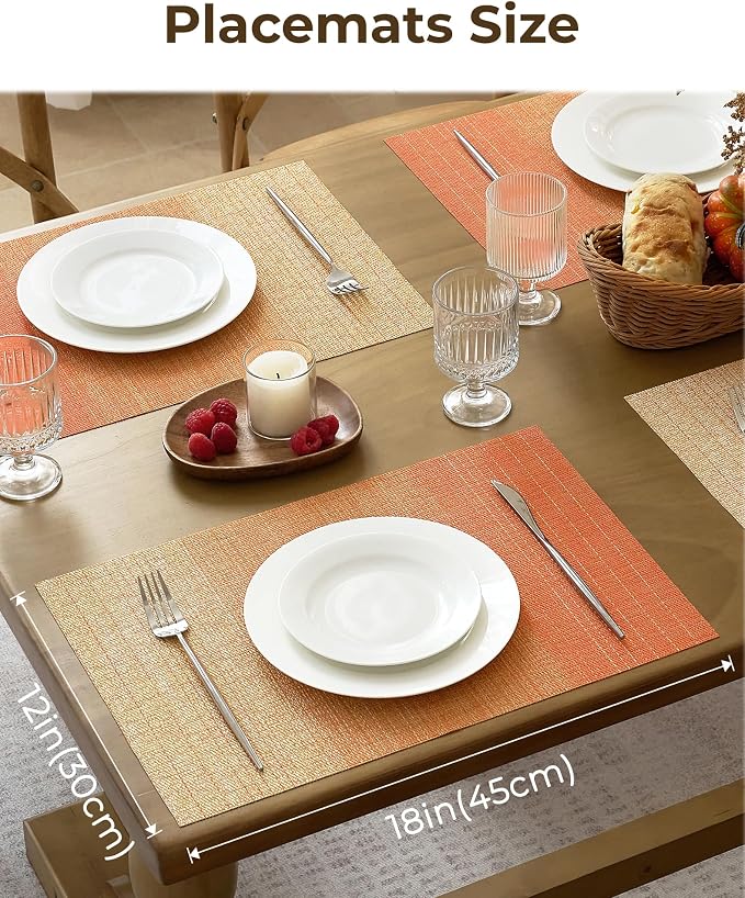 Leetaltree Gradient Burnt Orange Woven Placemats Set of 6 - Heat Resistant Non-Slip Place Mats for Dining Table, Washable Durable PVC Vinyl Woven Table Mats(Gradient Orange-red, 6) - Image 6