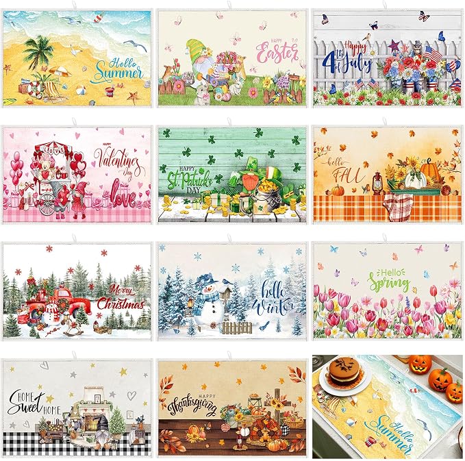 12 Pcs Seasonal Dish Drying Mats for Kitchen 24"x 16" Holiday Microfiber Absorbent Washable Drainer Mat Bulk for Counter Gift Patriotic Summer Home Accessories Decoration(Classic) by Meanplan