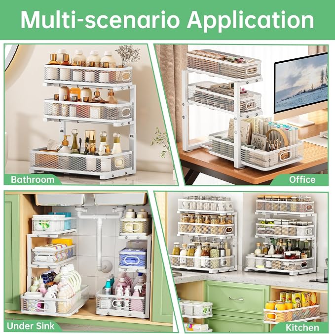 3-Tier Under Sink Organizer, Pull Out Cabinet Organizer for Kitchen & Bath | Height Adjustable, Heavy Duty Carbon Steel Holds 60 lbs, Rust-Proof Fits Kitchen Cabinet, Bathroom, Pantry & Laundry - Image 5