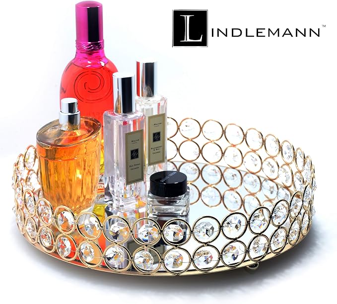Crystal Decorative Tray Metal Mirrored Perfume Cosmetic Organizer Jewelry Trinket Display Storage Vanity Trays Home Décor Accents Luxury Gift (Round, 10in, Gold) - Image 4