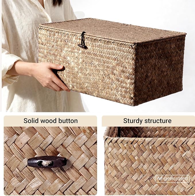 Nonam Seagrass Storage Large Basket with Lid,Wicker Basket Storage Bin with Lid for Shelves,Boho Decor,Handwoven Shelf Basket for Organizing-Storage Container Box for Home Organization-Coffee - Image 2
