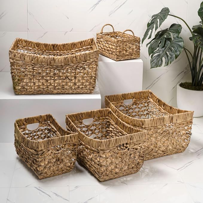 happimess Aria 5-Piece Nesting Storage Baskets Water Hyacinth 21", Natural | Handwoven Contemporary Bohemian Design, Iron Metal Frame, Open Weave, Decorative Organization For Living Room and Bedroom - Image 2