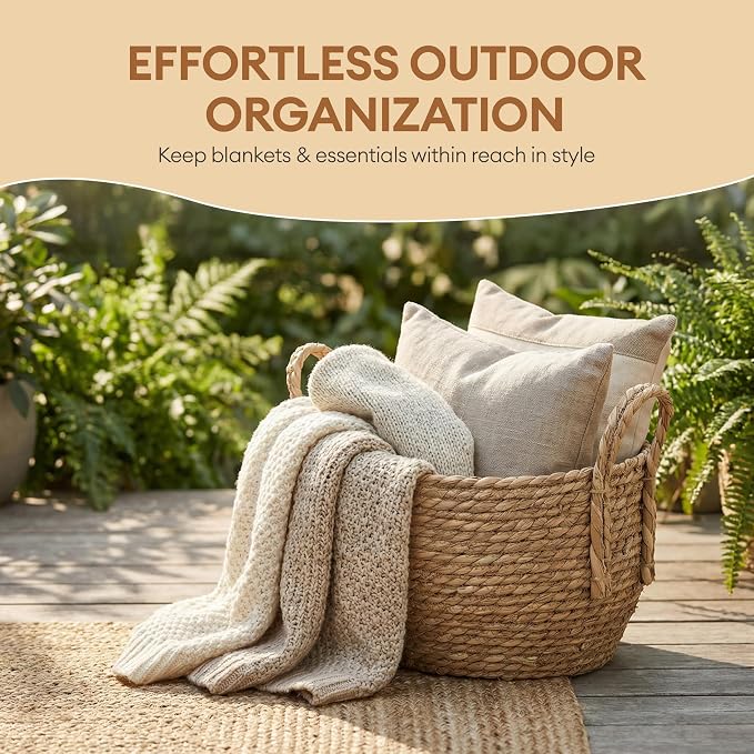 Decorative Wicker Basket for Blankets, Round Woven Storage Bin 13" x 9.25" with Braided Handles for Living Room, Bedroom & Bathroom - Throw Blanket Basket for Towels, Toys, Pillows - Vintiquewise - Image 4