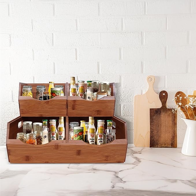 2-tier Stackable Bamboo Pantry Storage Bins, Potato & Onion Storage Baskets | Upgraded Storage Basket with Handles, Removable Divider, Pantry Organizer Holder for Kitchen, Cabinet, Fruit Storage (Walnut) - Image 5