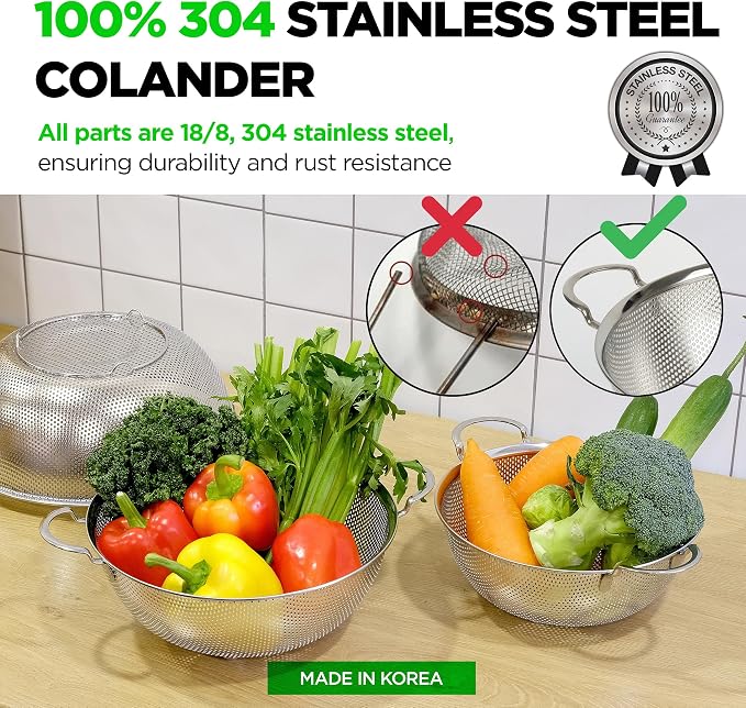 Premium 18/8 304 Stainless Steel Set of 3 – Micro-Perforated Strainers with Handles, Self-Draining Base for Pasta Vegetables Fruit, Heavy Duty (4, 6, 8 Qt) Made in Korea - Image 2